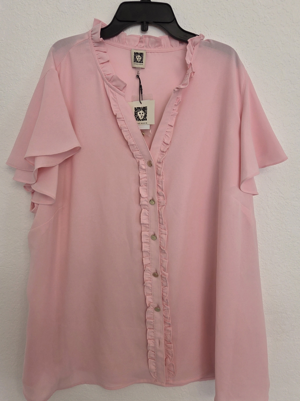 Anne Klein Light Pink Ruffle-Trim Button Front Blouse